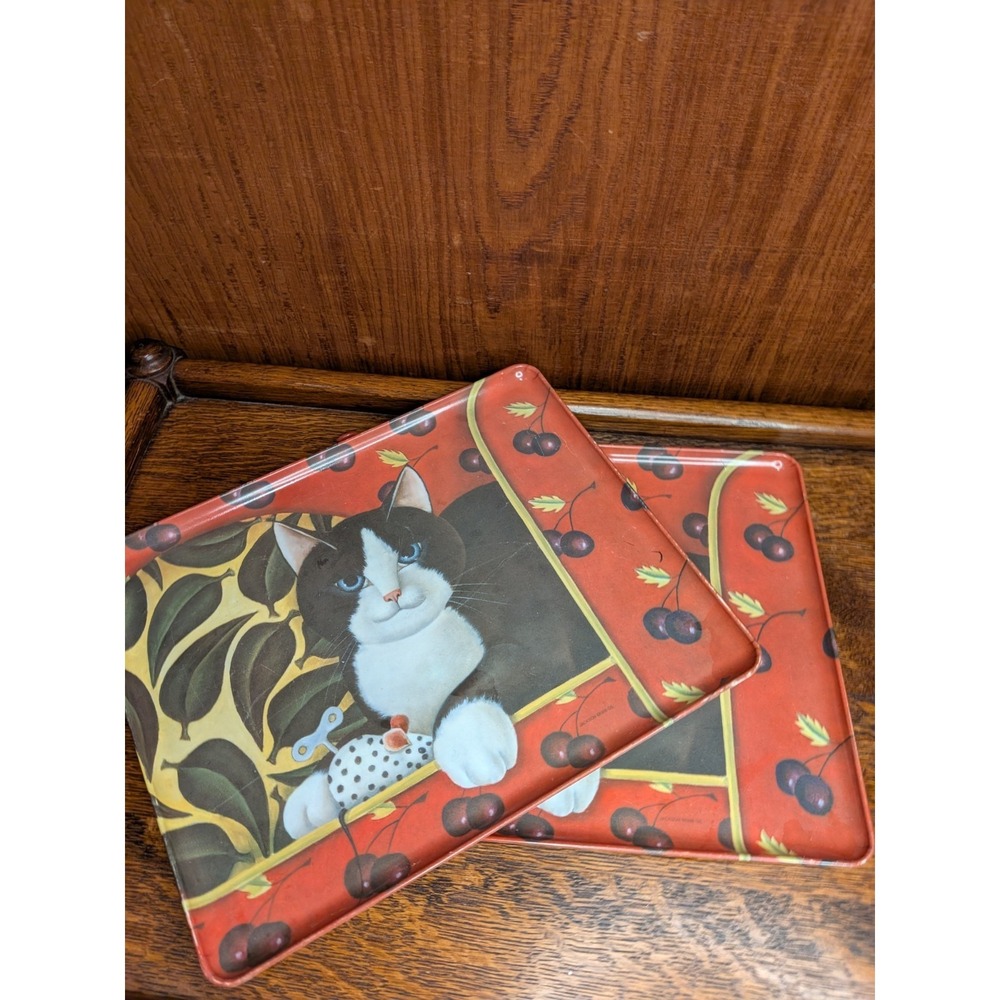 Set Of 2 Diane Jackson Melamine Trays, Tuxedo Cat w/Cherries Made In Italy 12"